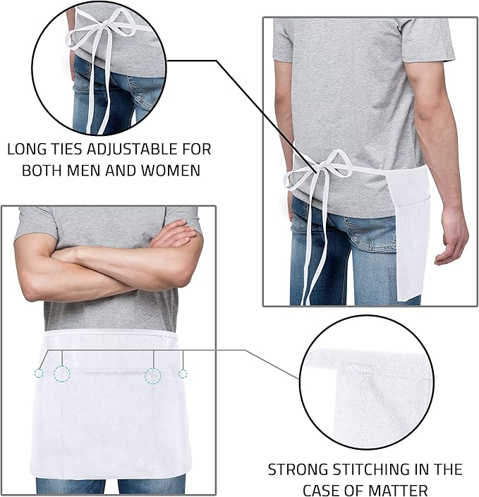 Utopia Wear 12 Pack Server Aprons with 3 Pockets, Waiter and Waitress Waist Aprons for Women with Pockets, Men Short Aprons