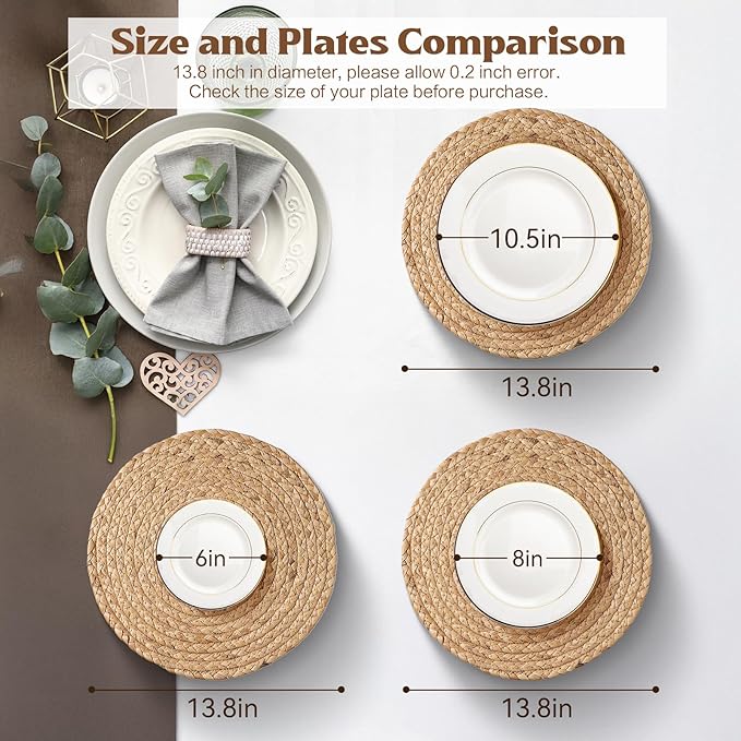Aofmee 13.8 inch Round Woven Placemats Set of 6, Boho Rattan Place Mats, Natural Water Hyacinth Table Placemats, Farmhouse Weave Table Mats, Rustic Braided Wicker Charger Plates for Dining Table Decor