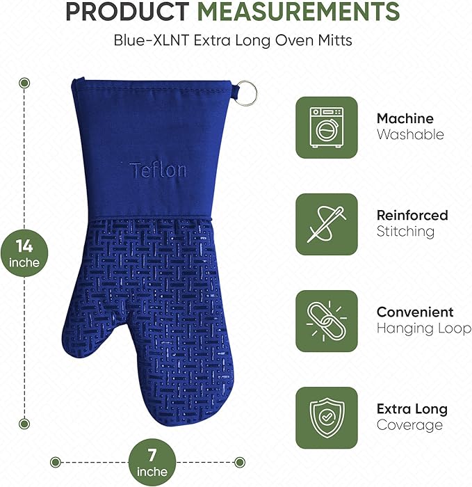 Xlnt Extra Long Oven Mitts (Blue) | Teflon EcoElite Water Repellent | Heat Resistant for Oven Cooking, Grill & BBQ | Non Slip Gloves with Teflon EcoElite Finish, Cotton Lining & Hanging Loop