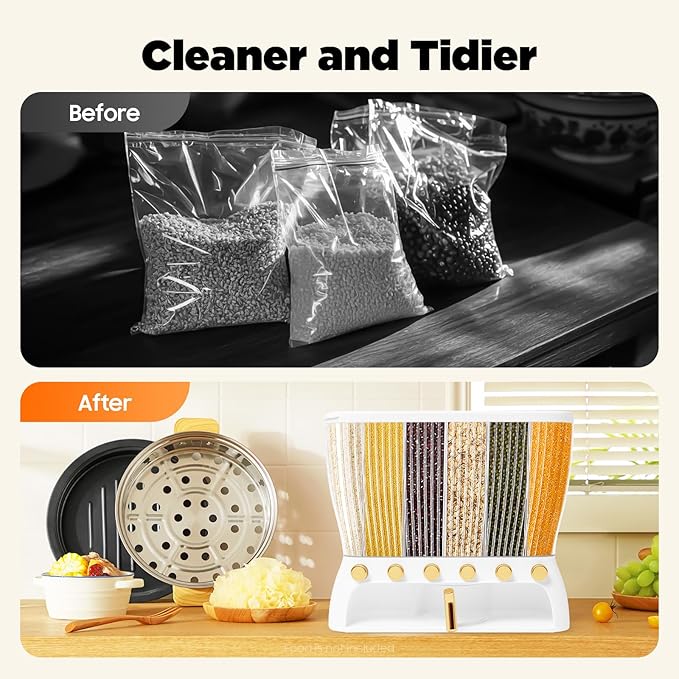 Cereal Dispenser, 6-grid Adjustable Compartment Size Grain Dispenser, 6 in 1 Clear Rice Dispenser w/ Hopper, 10kg/22.05lb Grain Storage Container, Sealed Granular Dry Food Dispenser, 16.54*6.5*14.17in