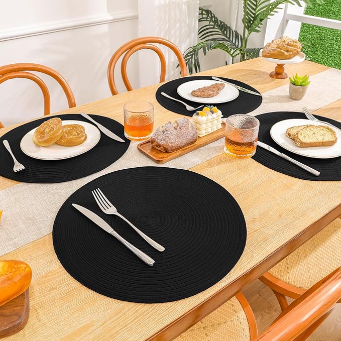 SHACOS Round Braided Placemats Set of 8 Washable Cotton Polyester Woven Round Table Mats for Dining Tables 15 inch (Black, 8)