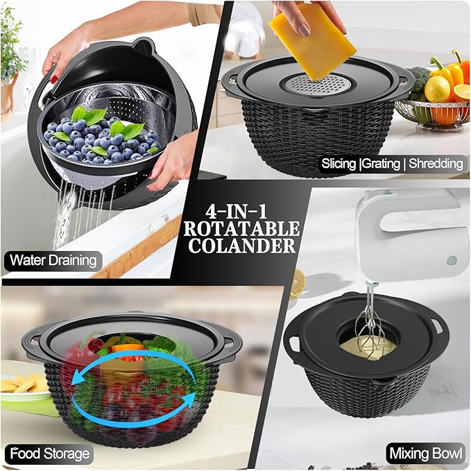 4-1 Colander with Bowl Set - Colander for Kitchen - Rotatable Strainers and Colanders(Patented) - Pasta Strainer - Bowl With Colander & New Upgraded Graters for Fruit Veggie, Kitchen Essentials, Black