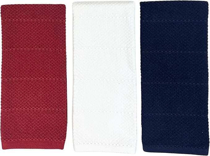 Patriotic Red White Navy Blue Kitchen Hand Dish Towels Oversized 28"x18" Nautical 100% Cotton Cloth Soft Cleaning Drying Absorbent Textured Design 3 Pc Multipurpose for Everyday Use Summer 4th of July