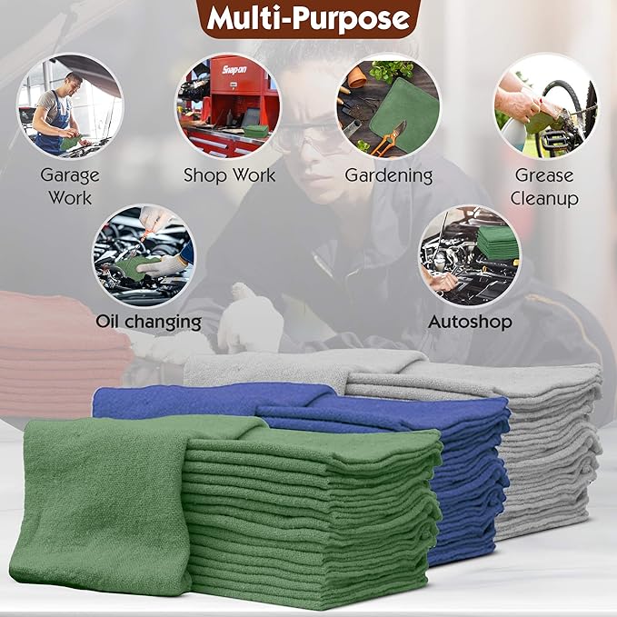 Nabob Wipers Auto Mechanic Shop Towels 100 Pack Bulk Rags 100% Cotton Commercial Grade Shop Rags Size 14"x14" (100 Pack, Green)