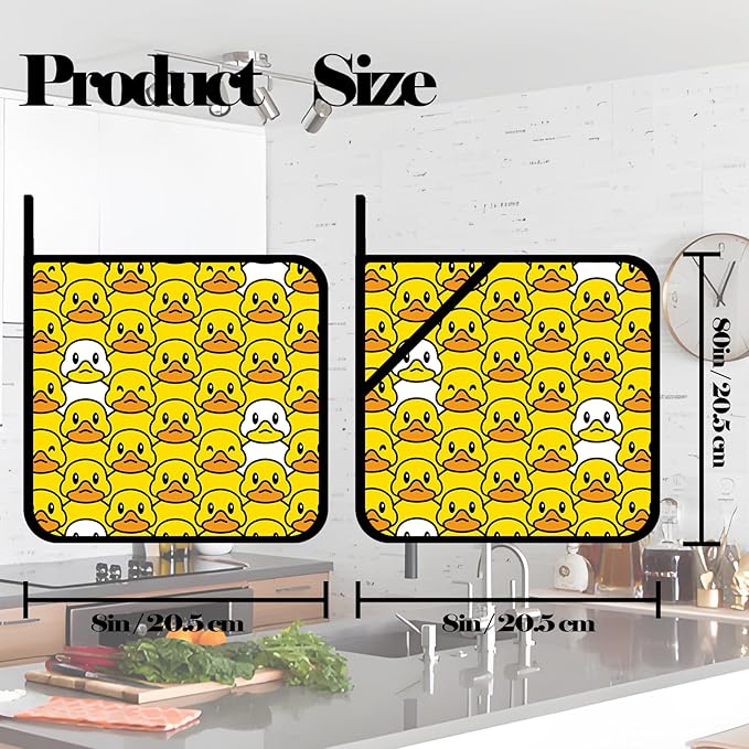 Cartoon Duck Pot Holders Set of 2,Cute Doodle Kitchen Heat Resistant Potholder for BBQ Cooking Baking,Food Hot Pad for Women Men