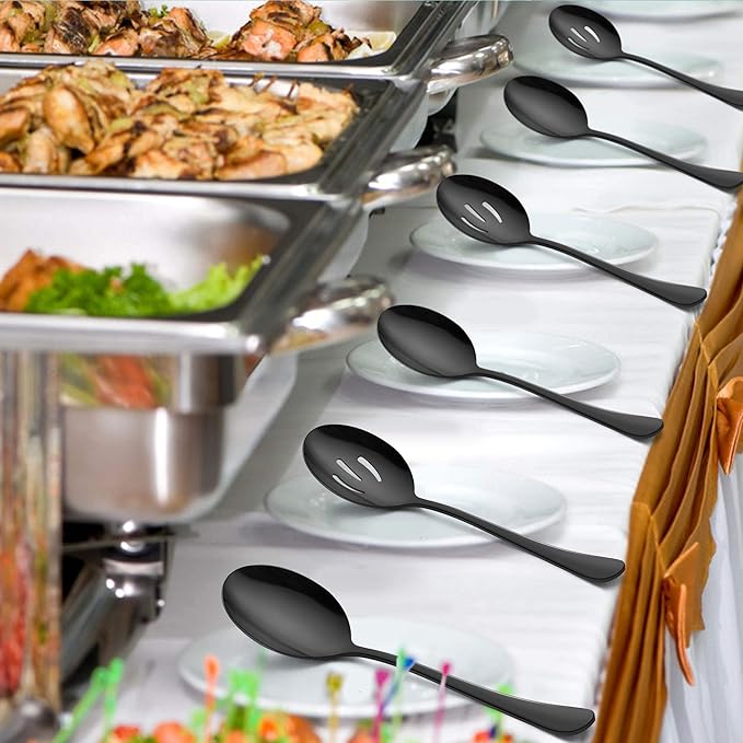 LIANYU 6-Piece Black Serving Spoons, Black Slotted Spoons, Stainless Steel Serving Utensils for Party Buffet Restaurant Banquet Dinner Catering, 8 3/4 Inch, Dishwasher Safe