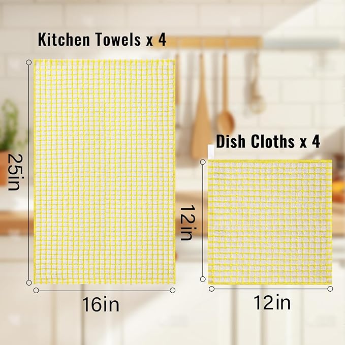 Homaxy Kitchen Towels and Dishcloths Set, 16 x 25 and 12 x 12 Inches, Set of 8 Cotton Terry Kitchen Dish Towels, Super Soft and Absorbent Dish Cloths, Yellow