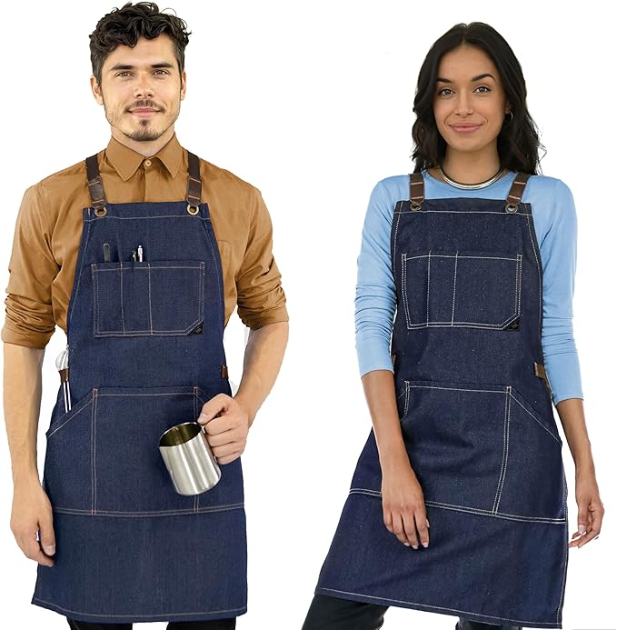 Under NY Sky Essential Blue Denim Apron – Cross-Back with Leather Reinforcement – Adjustable for Men and Women – Pro Chef, Tattoo Artist, Baker, Barista, Bartender, Server Aprons