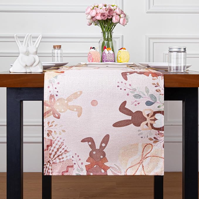 QINJIEJIE Easter Runner Mantel Decor, Egg Bunny Table Runner, Farmhouse Vintage Indoor Seasonal Spring Kitchen Decorations for Home Party Decor Table Runner 13x72 Inch (Bunny Rabbit)