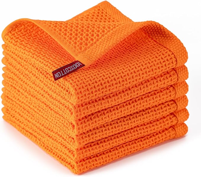 BOOMIBOO 6-Pack Kitchen Dish Cloths, 100% Cotton Waffle Weave, Ultra Soft Absorbent, Quick Drying Dish Towels, 12x12 Inches,Orange