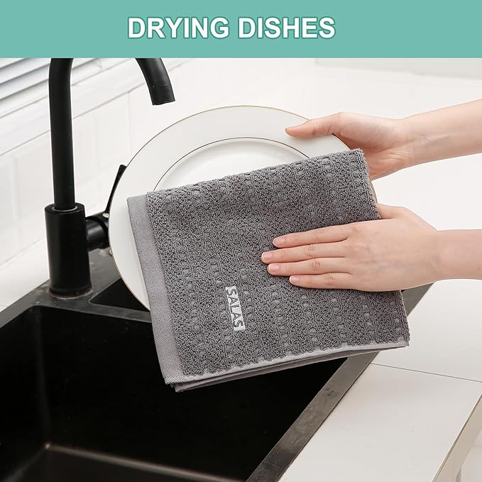 SALAS Kitchen Dish Towels, Bulk Cotton Kitchen Hand Towels, 390 GMS Plaid Dish Cloths Rags for Drying Dishes with Hanging Loop, 16‘’ x 26‘’, 3 Packs, Grey