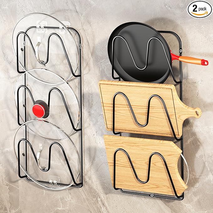 2 Pack Pot Lid Organizer, 6-Tier Pots and Pans Lid Organizer Under Cabinet, No Drilling, Rustproof, Lid Organizers Inside Cabinet for Small Space Solution & Kitchen Cabinet Organization