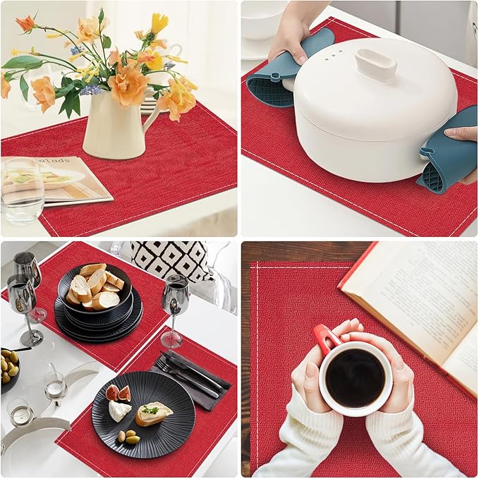 Niviy Christmas Placemats Set of 4, 12x18 Inch Rectangular Placemats for Kitchen Table, Red Placemats for Holiday Party Kitchen Dining Room Decoration