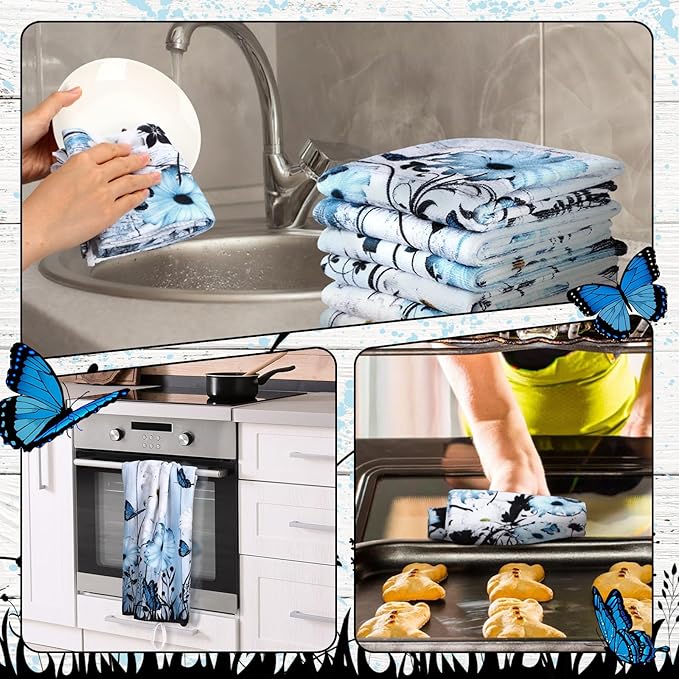 Breling Set of 6 Blue Daisy Kitchen Towel Vintage Themed Dish Towel Bathroom Decorative Rustic Tea Cloths for Kitchen Bathroom Home Cooking Housewarming Gifts, 14 x 21 Inch