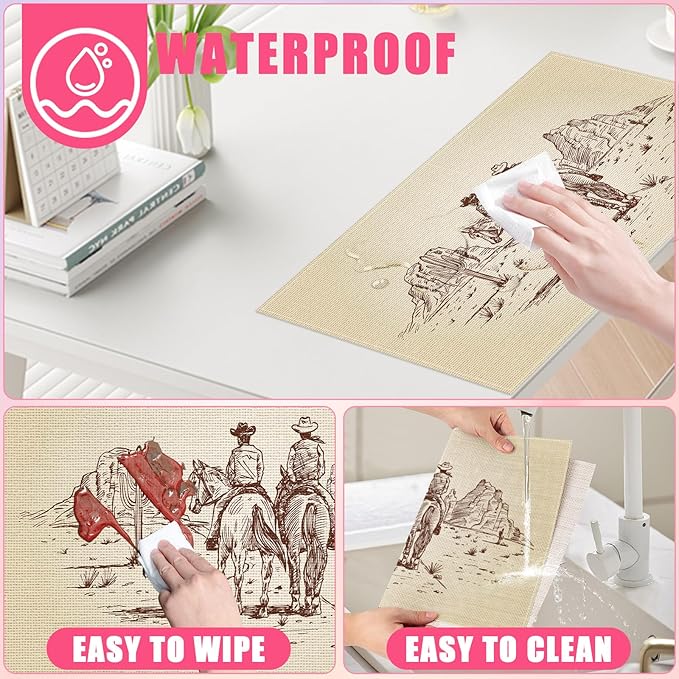 Western Cowboy Placemats Set of 6,12x18 Inch Linen Place Mat Washable Stain Resistant Table Mats for Spring Summer Seasonal Farmhouse Kitchen Party Home Decor