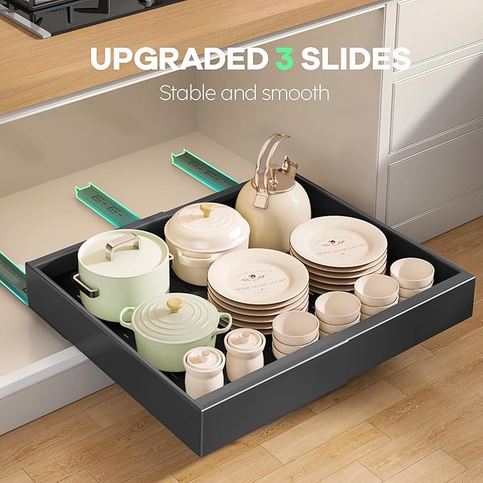 Seinloes 4 Pack Pull out Cabinet Organizer 21"Deep with Raising Pad for Framed Cabinets, Expandable Slide out Drawers for Kitchen Cabinets with 4pcs Divider Racks, Roll out Shelves 12.1"-20.4" W Black