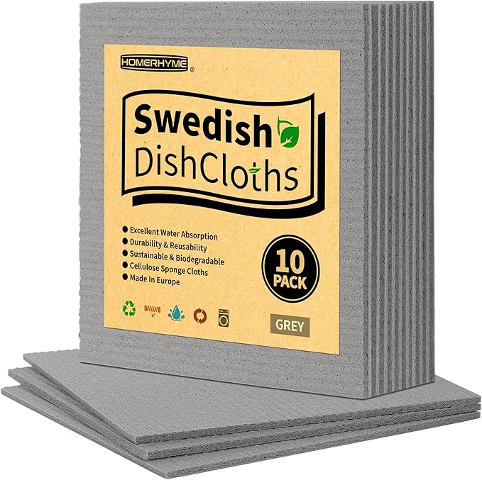 Swedish Dishcloths, 10 Pack Absorbent Dish Towels for Kitchen, Multipurpose Cellulose Sponge Cloths, Reusable Washable Towels for Home & Kitchen, Grey