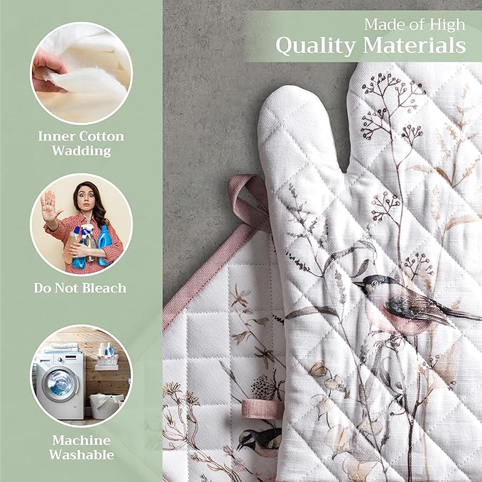 Maison d' Hermine 100% Cotton Oven Mitt & Pot Holder Set (7.5"x13" & 8"x8") Heat Resistant BBQ Cooking Gloves with Loop Baking Kitchen Gifts for Mothers Day Spring/Summer (Meadow Florals - Brown)