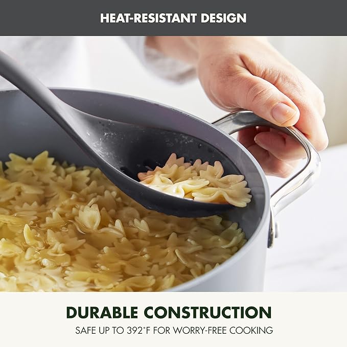 GreenPan Silicone Slotted Spoon, Cooking Kitchen Utensil, Mixing Stirring Serving, Flexible Rubber Nonstick Cookware, Rigid Steel Core Heat-Resistant, Anti-Slip Handle, BPA-Free, Dishwasher Safe, Gray
