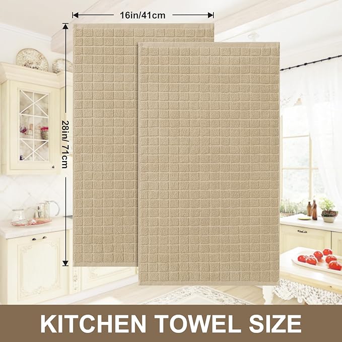Homaxy Premium Cotton Kitchen Towels 16"x 28", Large Natural Ring Spun 390 GSM Dish Towels, Super Absorbent Terry Kitchen Hand Towels, Soft Tea Towels with Hanging Loop, Pure Tan Design, 6 Pack