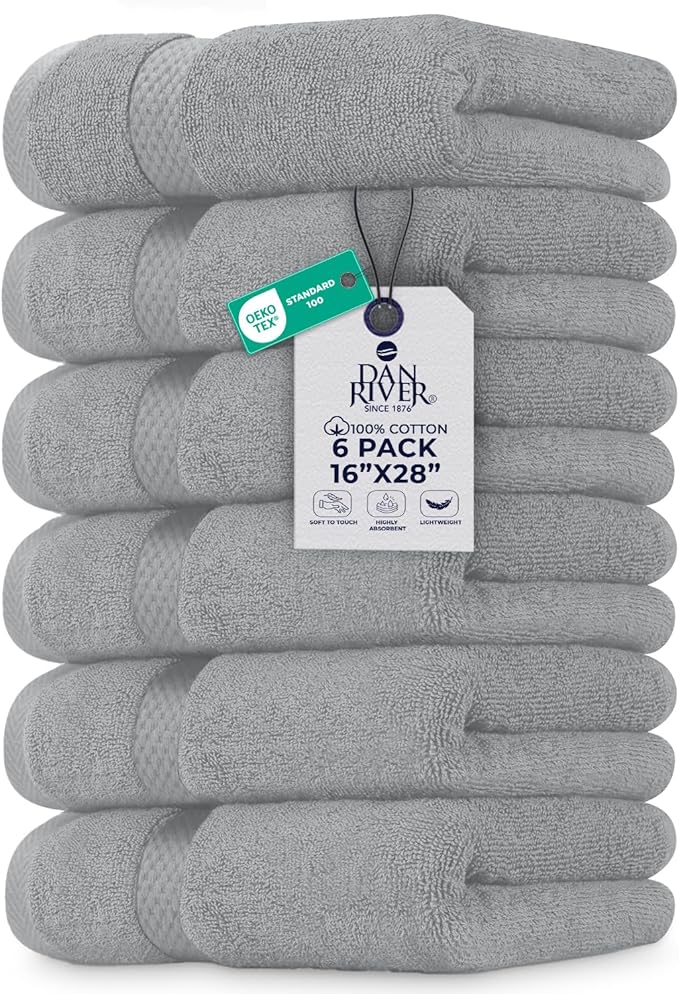 DAN RIVER 6-Pack Premium Hand Towels (16x28 Inches) - 100% Cotton, Ultra Soft, Lightweight, Highly Absorbent Towels for Bathroom, Spa, Gym, Salon, Hotel, and Travel - Silver
