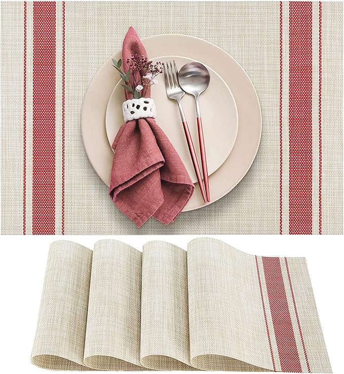 DACHUI Placemats Set of 4, Soft & Elegant Woven Vinyl Place Mats, Water Resistant, Heat Resistant, Washable, Durable Table Mats (Red Stripes)