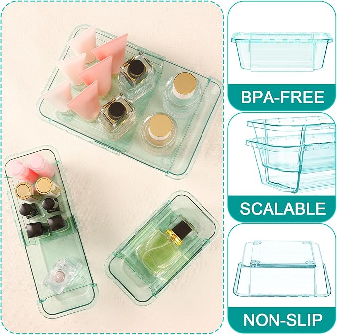 8 Pcs Mixed Extendable Clear Drawer Organizer, All Adjustable Vanity Storage Box, 4-Size Desk Drawer Organizer, Acrylic Storage Bins for Makeup, Bedroom Dressers Tool Organizer for Gadgets, Blue