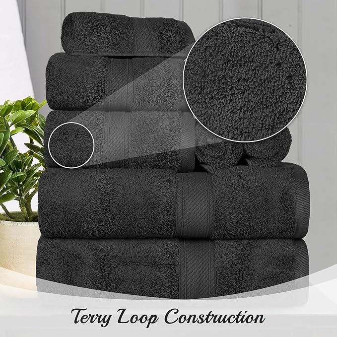 Superior Egyptian Cotton Pile 10 Piece Towel Set, Includes 2 Bath, 4 Hand, 4 Face Towels/ Washcloths, Ultra Soft Luxury Towels, Thick Plush Essentials, Guest Bath, Spa, Hotel Bathroom, Black