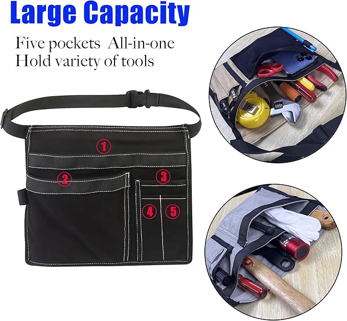 5-Pocket Utility Tool Belt Pouch for Men and Women, Adjustable Canvas Waist Belt Bag for Electrician Maintenance Gardening Carpentry, Durable Multi Work Apron for Tools & Accessories (Black + Yellow)
