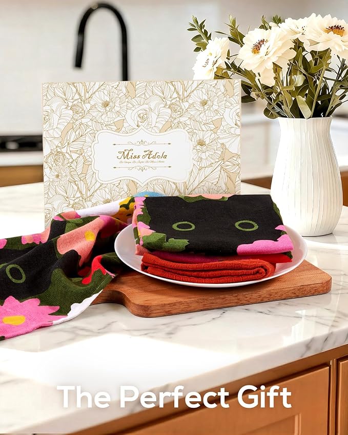 Miss Adola 3pcs Cotton Kitchen Towels - 270 GSM 15x25 Inch Terry Cloths Reusable Dish Cloths for Cleaning Absorbent Soft Hand Tea Towels with Hanging Loop for Housewarming Home Decor, Cats in Flowers