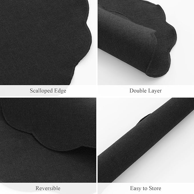 SHACOS Scalloped Round Placemats Set of 6 Polyester Linen Blend 15 inch Washable Non Slip Place Mats Easy Clean Heat Resistant Table Mats for Kitchen Dining Table Decor, Black