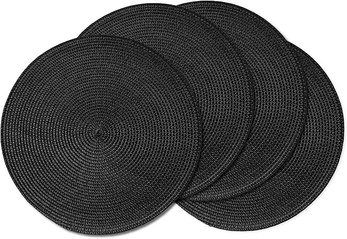 AHHFSMEI Round Placemats Set of 4 Heat Resistant Washable Non-Slip Woven Braided Table Mats for Dining Table Kitchen & Home Decor (Black,4)