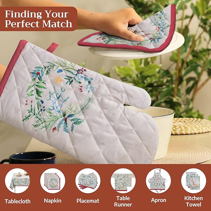 Maison d' Hermine 100% Cotton Oven Mitt & Pot Holder Set (7.5"x13" & 8"x8") Heat Resistant BBQ Cooking Gloves with Loop for Thanksgiving Christmas Decorations Handling Hot Pans (Holly Time)