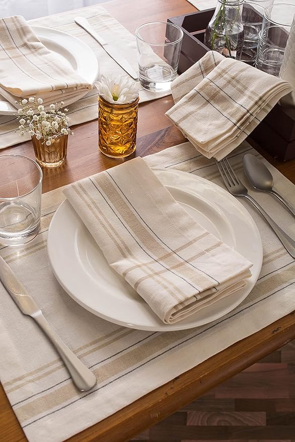 DII French Stripe Tabletop Collection Farmhouse Style Dining Table Linen Napkin Set, 20x20, White Chambray, 6 Piece