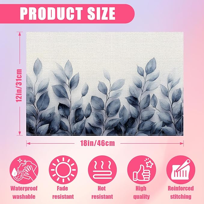 Spring Blue Leaves Placemats Set of 6,12x18 Inch Eucalyptus Leaves Linen Place Mat Washable Stain Resistant Table Mats for Summer Seasonal Farmhouse Kitchen Party Home Decor