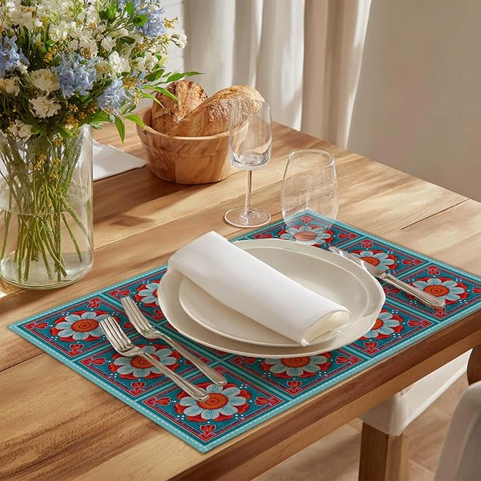HOMETITUTE Placemats Set of 4 Linen 12x18 Inch Washable Table Mats Bright Bohemian Style Place Mats Colorful Autumn Placemats Decorative Kitchen Dining Table Set