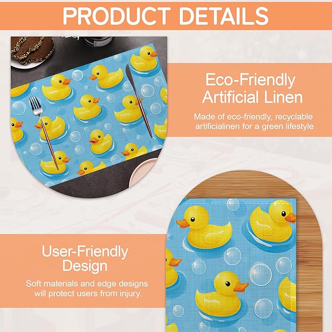 Cute Duck Table Mats Set of 6,Non-Slip Washable Placemats for Restaurant Home Kitchen Dinner Table 12x18Inch