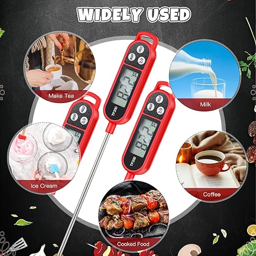 Copkim 6 Pcs Instant Read Meat Thermometer with Long Probe 9.65 Inch Kitchen Cooking Food Candy Waterproof Digital Thermometer for BBQ Water Milk Yogurt Liquid Cooking(Red)