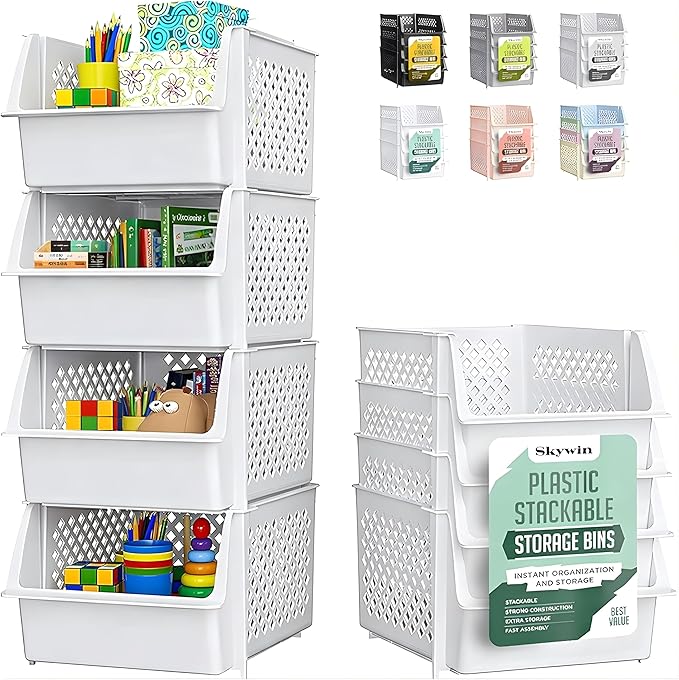 TidyFriend Stackable Storage Bins for Pantry, 4 Pack Stackable Bins For Organizing Food, Kitchen, and Bathroom Essentials (White)