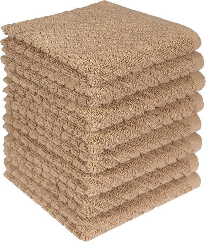 Bumble Towels Premium Kitchen Dish Cloths (12" x 12") | 8 Pack | Diagonal Deluxe Dish Cloth | High Absorbent Tea Towels Set | Tan