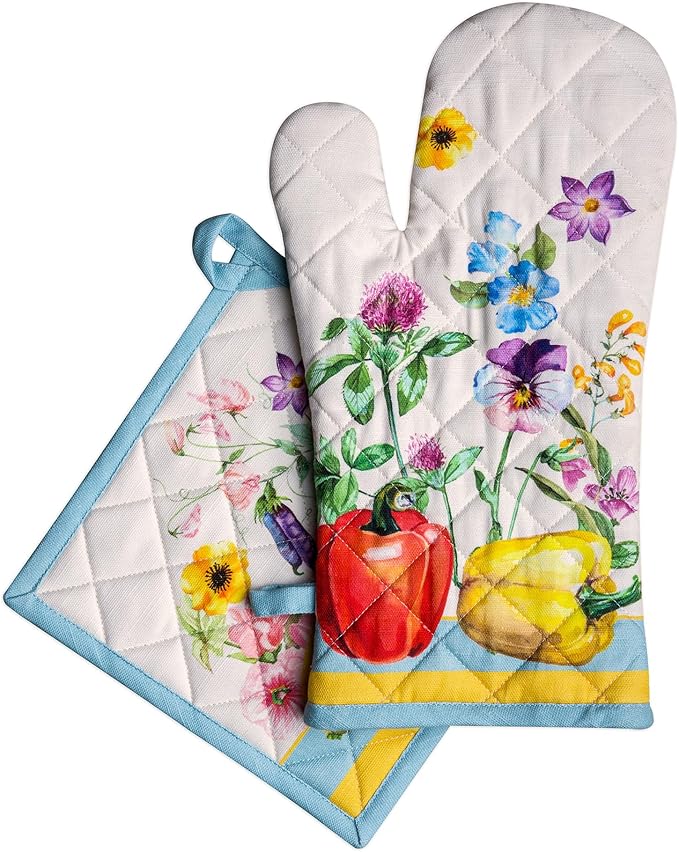 Maison d' Hermine 100% Cotton Oven Mitt & Pot Holder Set (7.5"x13" & 8"x8") Heat Resistant BBQ Cooking Gloves with Loop Baking Grilling Kitchen Gifts for Mothers Day Spring/Summer (Giverny)