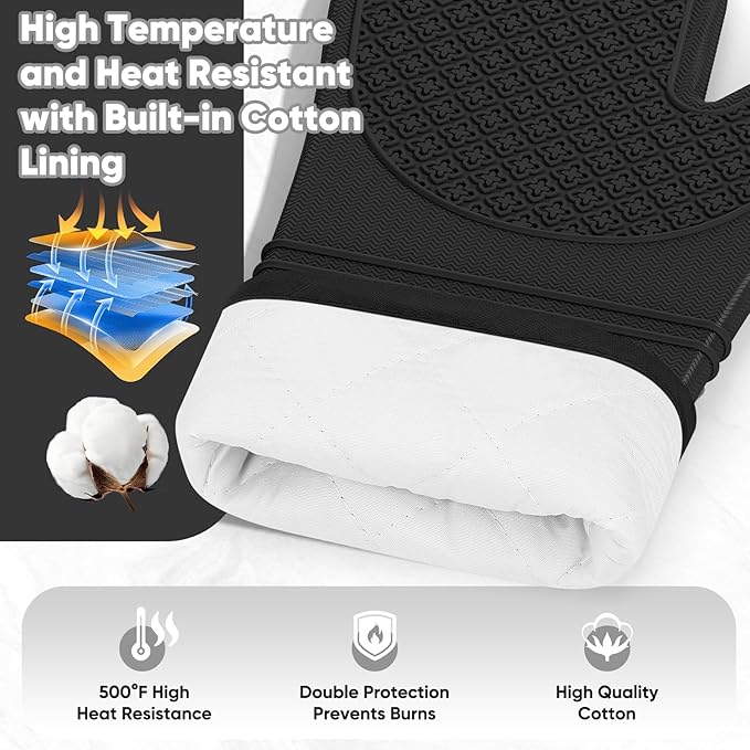 Silicone Oven Mitts, Heat Resistant Oven Gloves with Quilted Liner, Waterproof & Non-Slip Kitchen Mittens for Baking Cooking BBQ, 500°F, 12.5"-Black