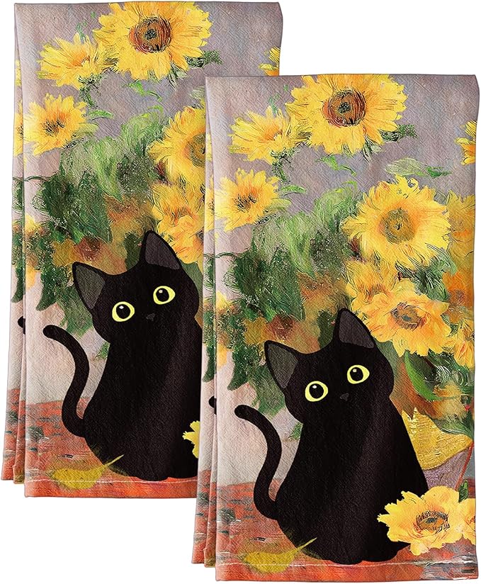 Miss Adola Flour Sack Kitchen Towels - Set of 2 Cotton Dish Towels with Hanging Loop Decorative 18x26 Inch Absorbent Cute Design for Housewarming Gifts, Cat Blossom