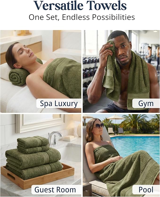 LANE LINEN Cotton Towels for Bathroom - 24 PCs - Highly Absorbent, Durable & Soft - 4 Bath, 4 Fingertip, 6 Hand Towels, 8 Washcloths, 2 Bath Sheets - Family Bundle Pack - Oil Green