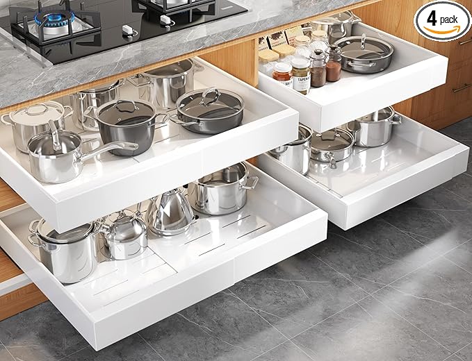 Seinloes 4 Pack Expandable (15.1"-26.3") Pull Out Cabinet Organizer 21" Deep With Raising Pad for Framed Cabinets,Upgrade 3 Slide Rails Slide Out Drawers,No Drill Roll Out Shelves Adhesive,White