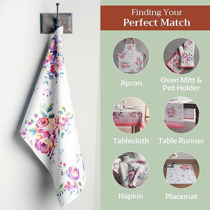 Maison d' Hermine Kitchen Towels Set of 3 100% Cotton 27.50" x 20" Reusable Cloth Tea Dish Towels Absorbent with Hanging Loop for Kitchen Gifts for Mothers Day Spring/Summer (Rose Garden)