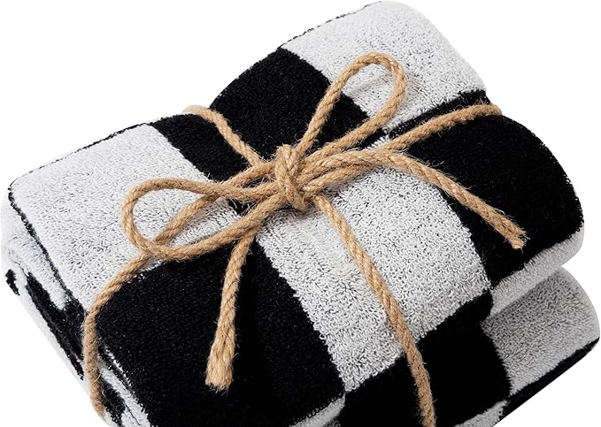 Madi-Cadi 100% Cotton Checkerboard Towels Set of 2, Farmhouse Kitchen & Guest Bathroom Towels, 13 x 29 Inches, Highly Absorbent Lint-Free Dish & Hand Towels with Double-Stitched Hems(Black)
