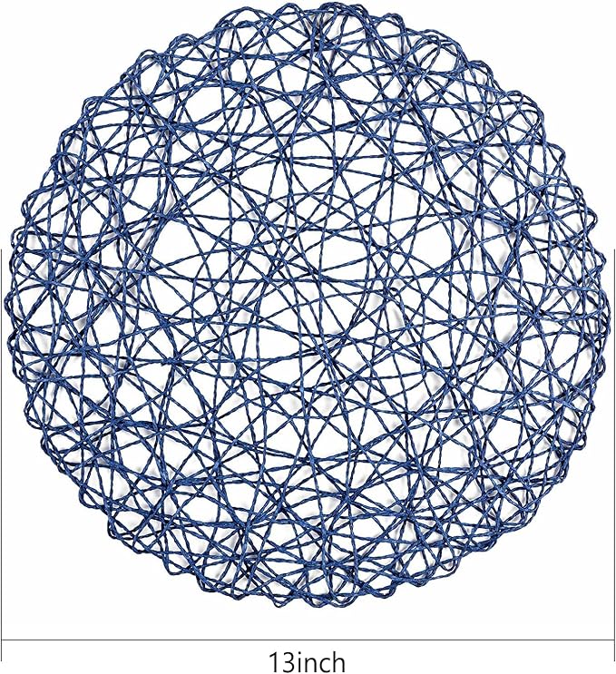 AHHFSMEI Paper Braided Round Placemats Set of 8 Natural Non-Slip Heat Resistant Table Mats for Dining Tables Farmhouse Woven Indoor Outdoor Place mats (Blue,8)
