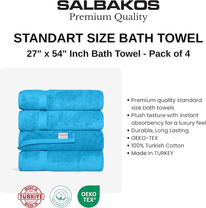 SALBAKOS 100% Turkish Cotton Bath Towel Set of 4 27x54 inch | Heirloom Quality | Hotel & Spa Collection | Ultra Soft, Super Absorbent, Long Lasting Bath Towels | Made in Turkey (Aqua, 4 Bath Towels)