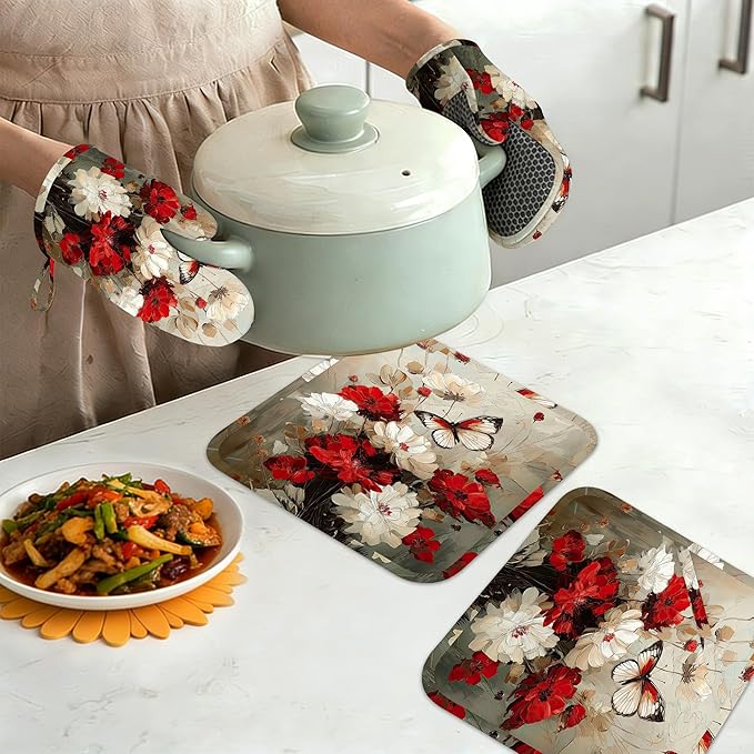 Oven Mitts and Pot Holders White Red Flower Silicone Kitchen Accessories Set of 4 Heat Resistant Gloves Butterfly Potholder Non-Slip Grip for Chef Cooking Baking Grilling BBQ